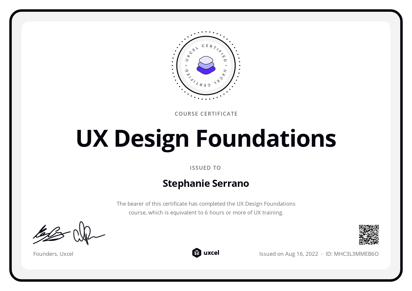 Stephanie Serrano's certificate